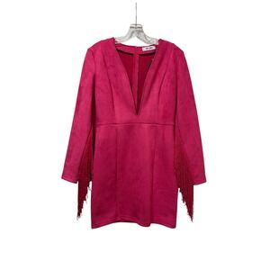Saint Genies Hot Pink Faux Suede Fringe Mini Dress Deep V-Neck Long Sleeve US 8